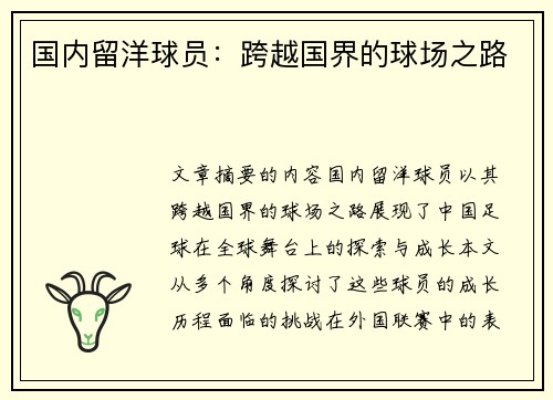 国内留洋球员：跨越国界的球场之路