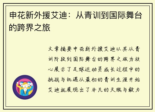 申花新外援艾迪：从青训到国际舞台的跨界之旅